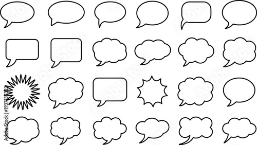 Silhouette illustration collection of twenty‑five different speech and thought bubbles in grid layout, comic design templates, dialogue icons, storytelling elements, graphic art resource