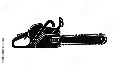 A black silhouette illustration of a gasoline powered chainsaw with a sharp extended chain high quality professional