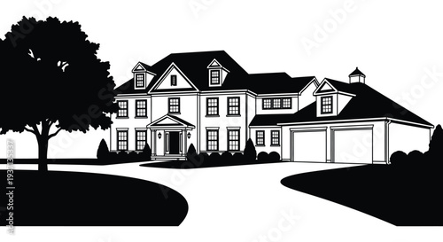 A detailed black and white illustration of a large classic suburban house with a driveway