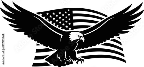 American bald eagle with spread wings and USA flag behind  symbol of freedom and patriotism