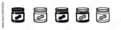 Collection of stylized peanut butter jars, black and white doodle icons for spread, food, and snack packaging