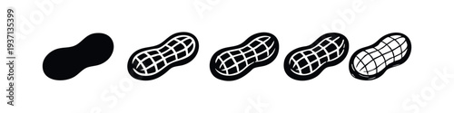 Different styles of peanut illustrations, black and white icons for food, snack, and natural product designs