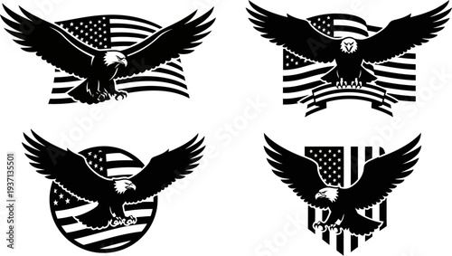 American bald eagle silhouettes with USA flags  patriotic symbols