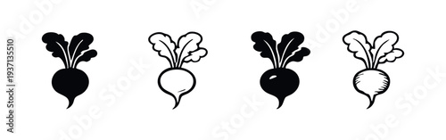 Beetroot vegetable icon set. Refined silhouettes of fresh beets with leaves for garden produce graphics.