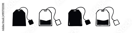 Teabag icon set. Simple hand-drawn silhouettes of tea bags for hot beverage and relaxation themes.