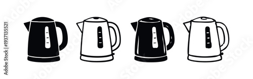 Electric kettle icon set. Simple hand-drawn silhouettes of kitchen kettles for hot water and appliance designs.