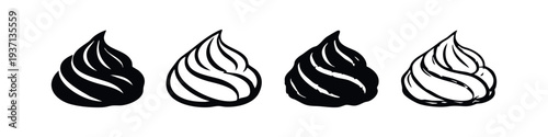 Stylized Whipped Cream Swirl Icon Set - Hand Drawn Dessert Topping Doodles in Black and White