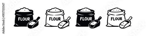 Flour Bag and Scoop Icon Set - Hand Drawn Baking Ingredient Doodles in Black and White