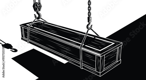 A black and white illustration depicts a wooden crate suspended by a chain and industrial hook high quality