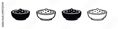 Bowl of guacamole or chunky dip icons in black and white, featuring solid and outline vector designs