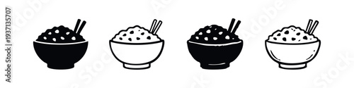 Hand Drawn Style Rice Bowl with Chopsticks Vector Icons Set
