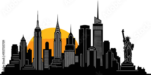 New York City skyline with Statue of Liberty and sunset illustration