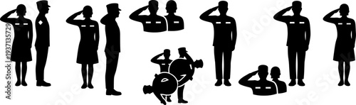 set of black silhouettes of soldiers saluting in various positions and uniforms