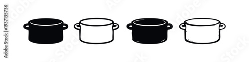 Simple cooking pot icon set in various styles for kitchenware and food preparation designs.