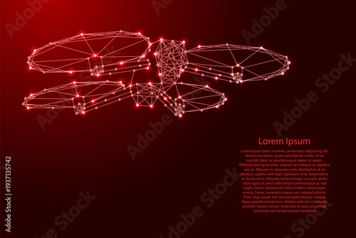 flying quadcopter from futuristic polygonal red lines and glowing stars for banner, poster, greeting card