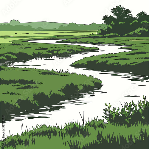 A serene landscape illustration of a winding river through green grassy wetlands and trees