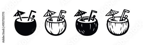 Refreshing coconut drink icon set with straw and umbrella in various styles for summer and tropical designs.