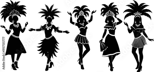 set of black silhouettes of women in exotic dance costumes with palm trees on their heads