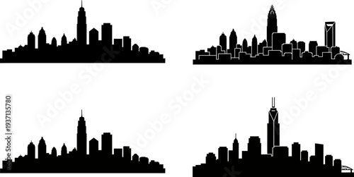 set of four city skylines with skyscrapers on white background