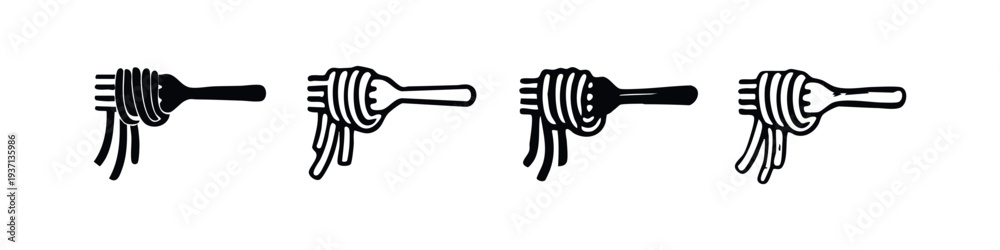 Fototapeta premium Fork and Noodles Icon Set Side View, Pasta Eating Utensil Vector Illustration, Spaghetti Black and White Icons