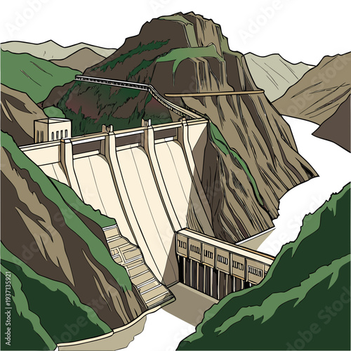 A large hydroelectric dam situated in a mountainous region with a river flowing through it