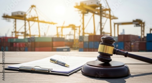 Gavel and documents resting on a table with a busy shipping port in the sunlit background