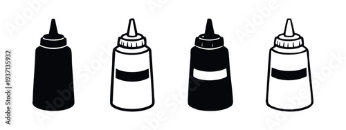 Generic Sauce Bottle Icon Set with Blank Label, Condiment Dispenser Vector Illustration in Black and White