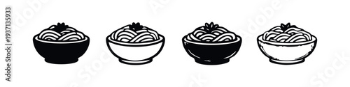 Ramen Noodle Bowl Icon Set, Asian Soup Dish Vector Illustration, Japanese and Chinese Cuisine Black and White Icons