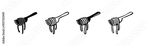 Fork with Spaghetti Icon Set, Pasta and Utensil Vector Illustration, Italian Food Black and White Icons