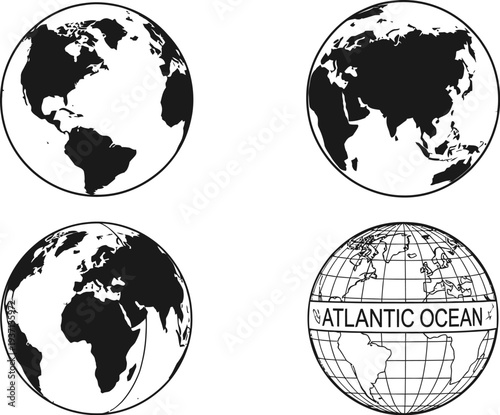 black and white illustrations of planet earth from space  atlantic ocean globe