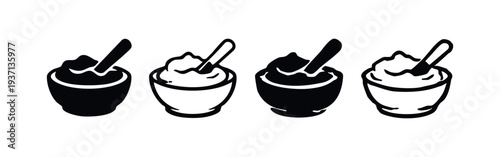 Bowl of Yogurt with Spoon Icon Set, Dessert or Breakfast Vector Illustration, Sweet Snack Black and White Icons