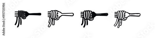 Fork and Noodles Icon Set Side View, Pasta Eating Utensil Vector Illustration, Spaghetti Black and White Icons