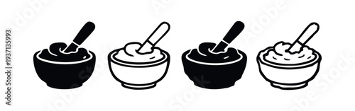 Ice Cream Bowl with Spoon Icon Set, Dessert Serving Vector Illustration, Sweet Treat Black and White Icons