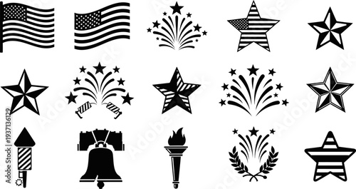 American independence day icons with stars fireworks flags and liberty symbols