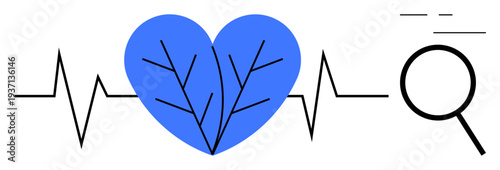 Heartbeat line connects to a blue heart decorated with vein-thumbs up patterns and a magnifying glass suggesting examination. Ideal for healthcare, diagnostics, cardiovascular health, research