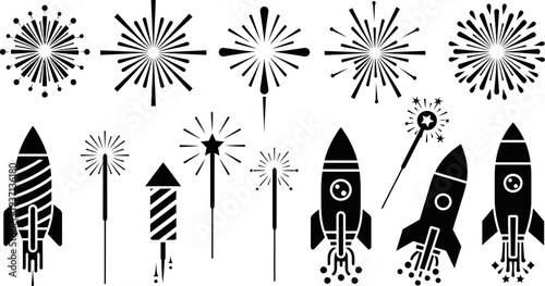 Black silhouettes of firework rockets and explosions on white background