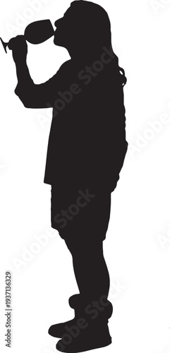 vector, silhouette of  Side view of a woman drinking a glass cup of wine