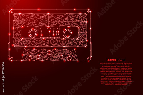 audio cassette from futuristic polygonal red lines and glowing stars for banner, poster, greeting card