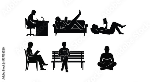Silhouettes depict various relaxing and working postures reading lounging and office scenes high quality professional detailed
