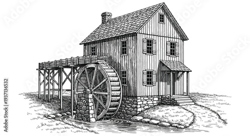 Detailed black and white illustration of a historic wooden gristmill with a large waterwheel high quality professional detailed