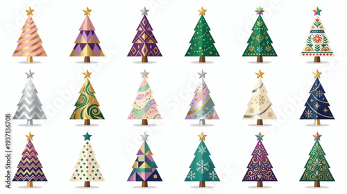 Assorted decorative Christmas trees with various patterns and colors.