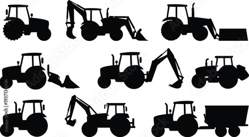 Silhouette illustration collection of twelve tractors and construction vehicles including loaders, backhoes, trailers, and machinery icons, representing agriculture, industry, farming equipment