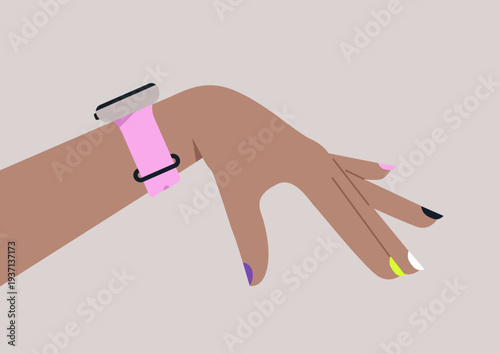 A stylish feminine hand elegantly displays a smart watch with a pink strap, colorful nails highlight individual creativity and modern flair, perfect for any occasion or outfit.