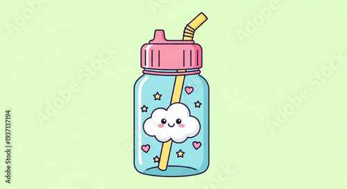 Cute Cloud Character Inside Water Bottle Illustration.