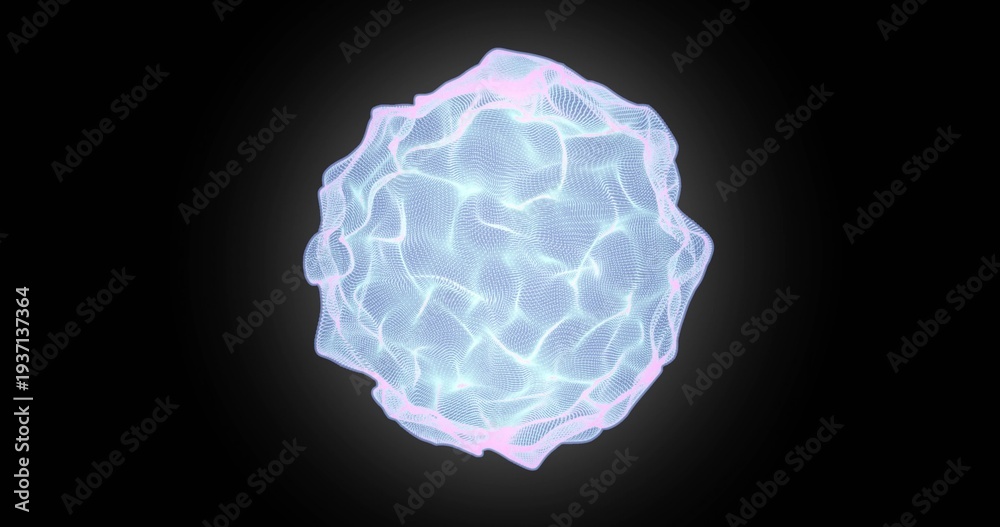 Naklejka premium Floating luminous wireframe sphere pulsing with bright nodes, pink rim and halo in dark studio void