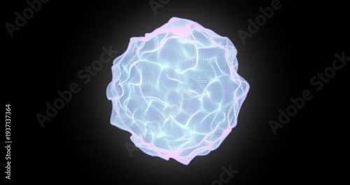 Floating luminous wireframe sphere pulsing with bright nodes, pink rim and halo in dark studio void