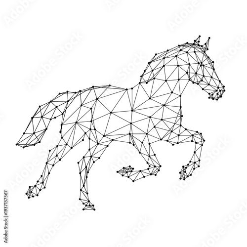 galloping elegant stallion from abstract futuristic polygonal black lines and dots