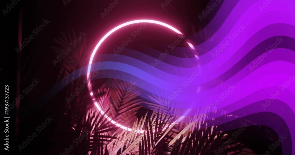 Obraz premium Glowing circular neon ring centered on hazy stage, rim-lighting palms and sweeping purple ribbons
