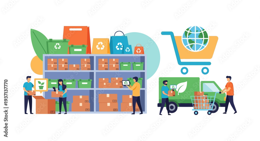 Naklejka premium Green Supply Chain & Sustainable E-commerce Logistics. Eco-Friendly Delivery, Recycling, and Ethical Packaging Solutions.