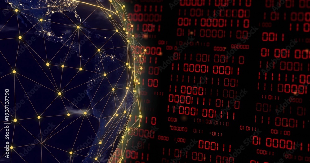 Obraz premium Displaying stylized Earth with yellow nodes and golden lines at left of center, red binary panels